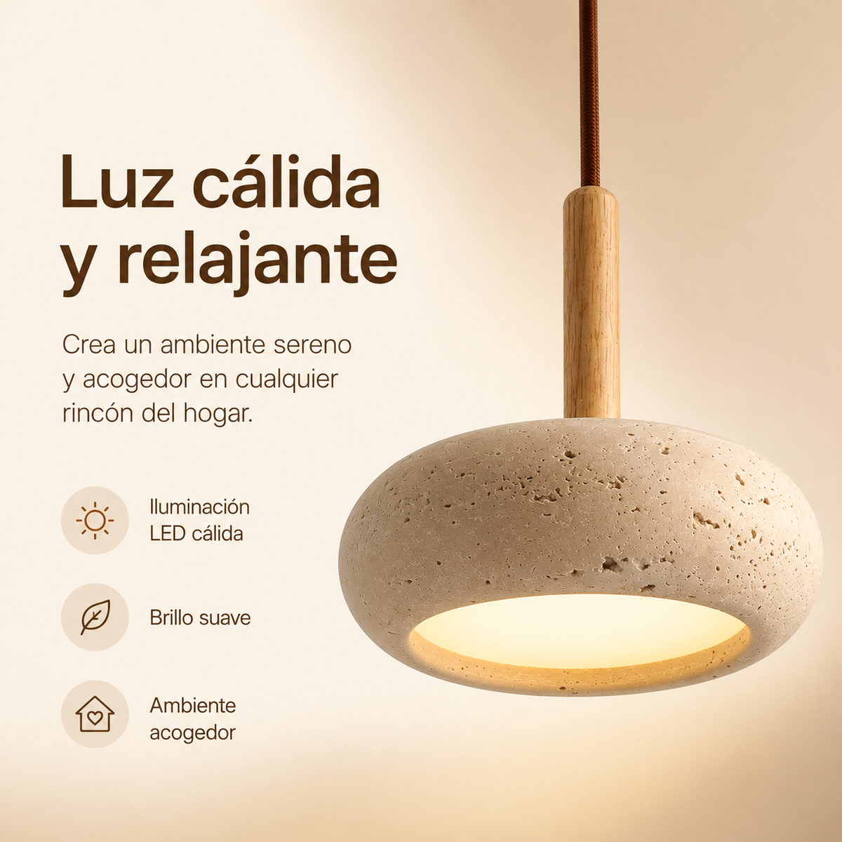 Hangende LED-lamp van steen en hout van 15 cm met verstelbare kabel