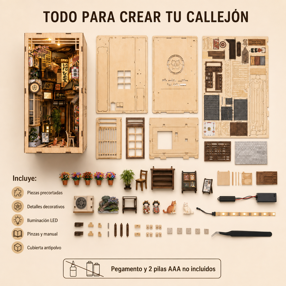 Contenido del kit book nook con piezas, LED y pinzas