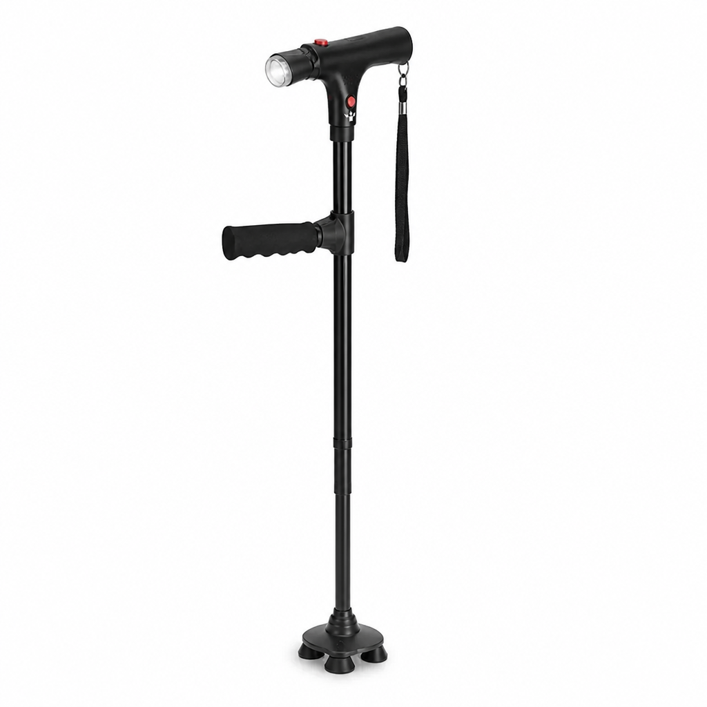 Opvouwbare wandelstok met vier poten, ledlamp en alarmknop