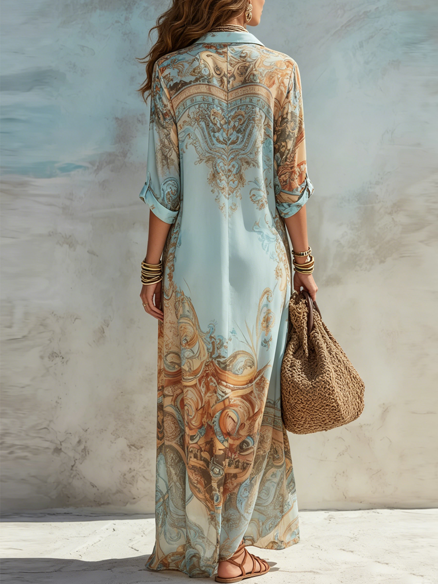 Vestido Maxi de Chifón Floral Barroco Azul