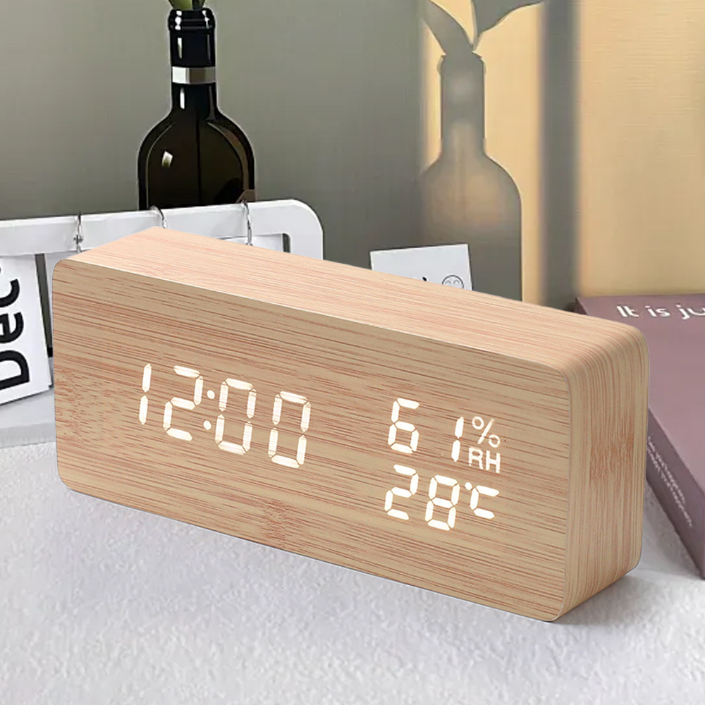 Despertador LED Digital de Madera Moderno con Temperatura