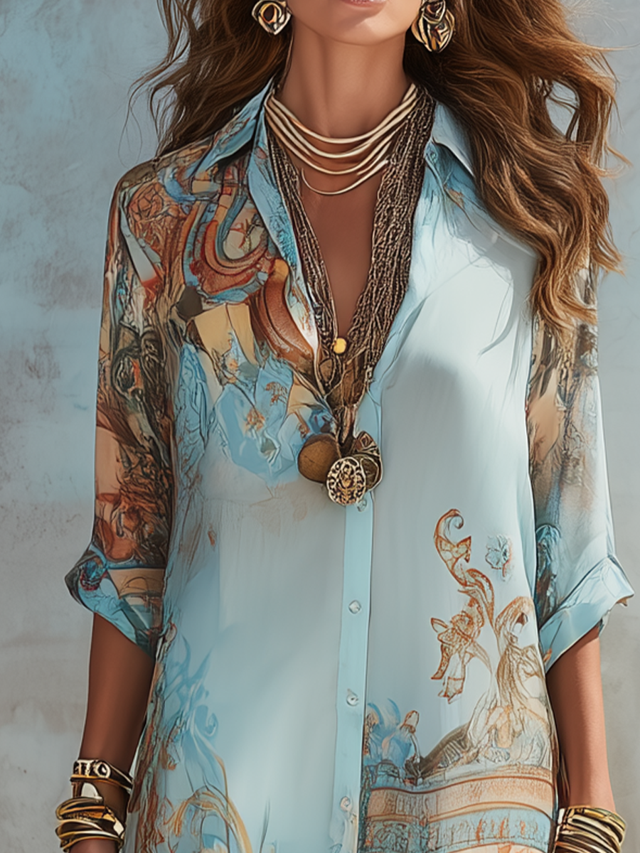 Vestido Maxi de Chifón Floral Barroco Azul