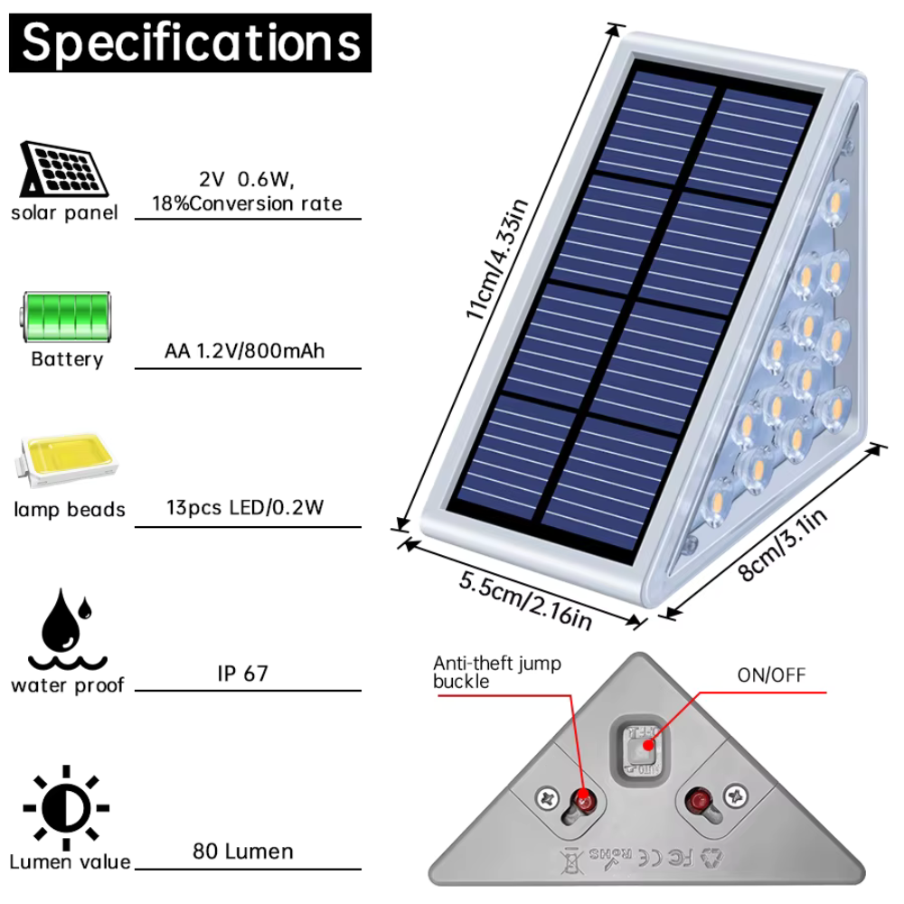 Set led-zonnelampen voor buitentrappen met IP67-bescherming
