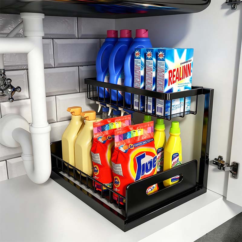 Uitschuifbare organizer onder de gootsteen met 2 niveaus en uitschuifbare lade