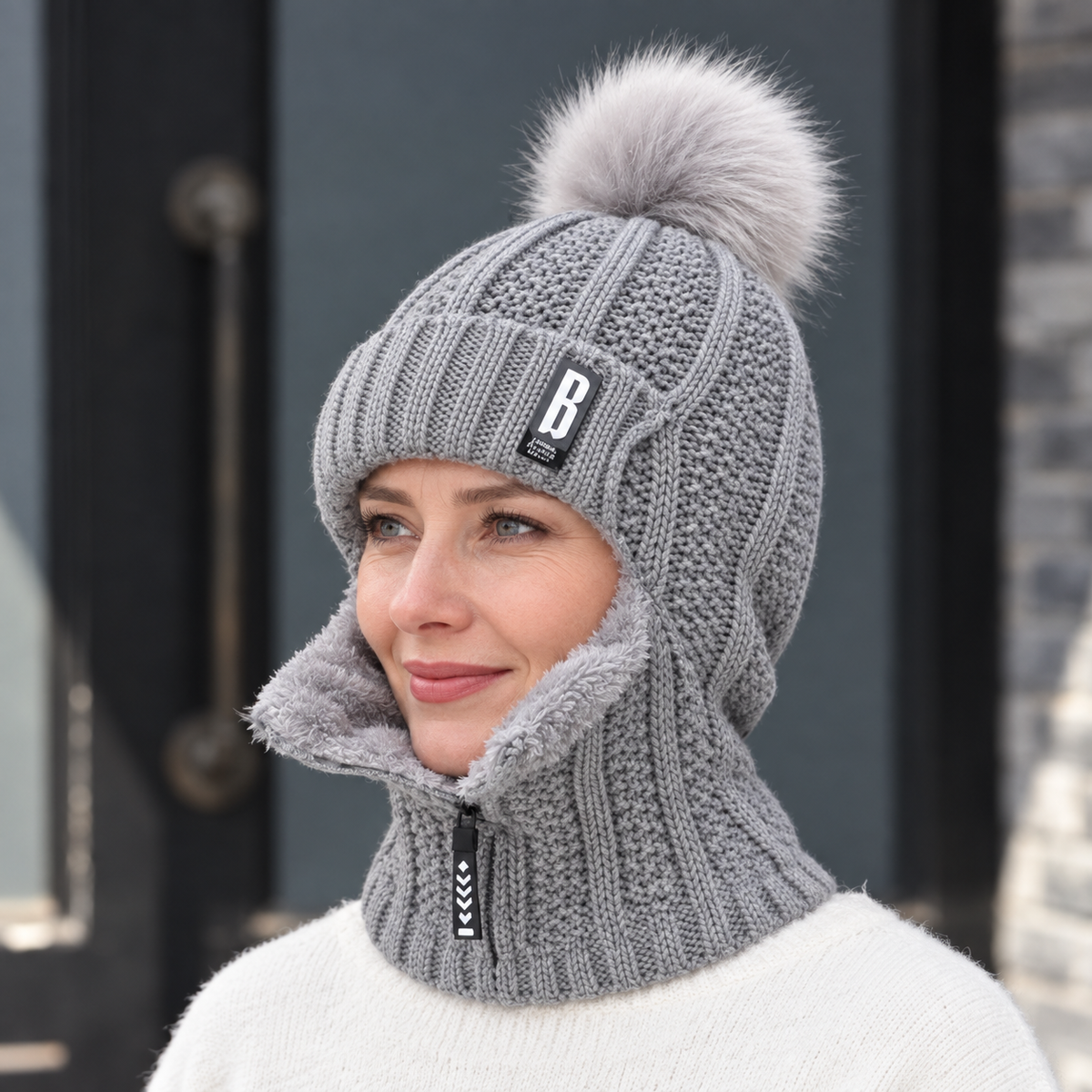Gorro de punto para mujer con cuello integrado y pompón