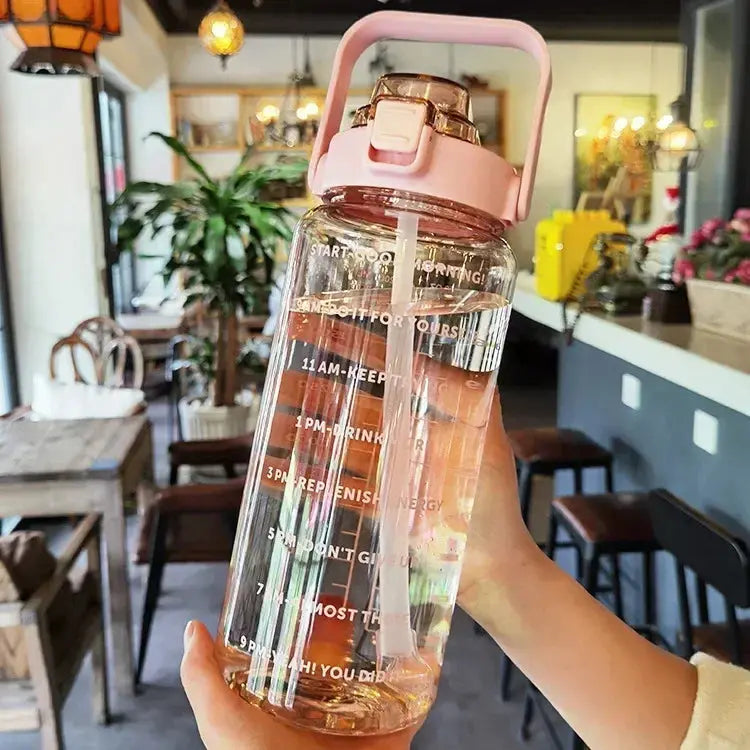 Botella de Agua de 2 L con Pajita, Asa y Marcadores Horarios para Deporte y Oficina