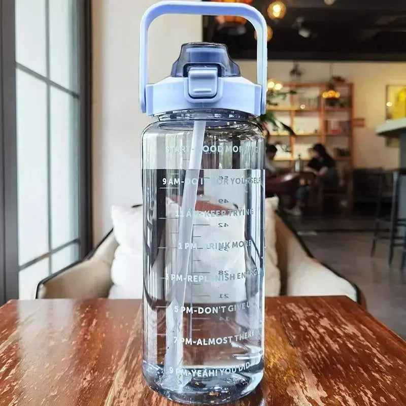 Botella de Agua de 2 L con Pajita, Asa y Marcadores Horarios para Deporte y Oficina