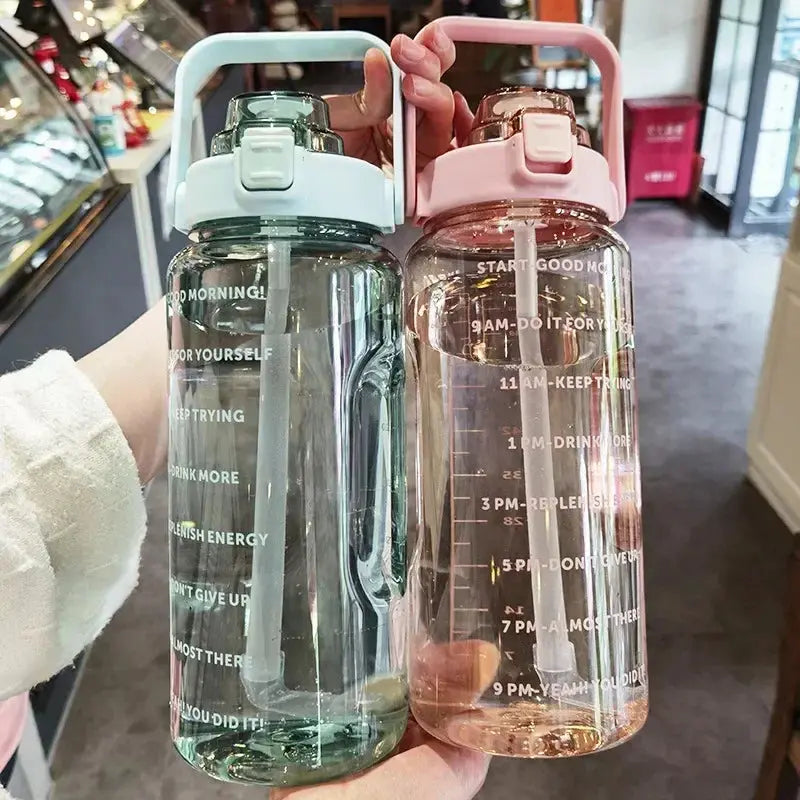 Botella de Agua de 2 L con Pajita, Asa y Marcadores Horarios para Deporte y Oficina