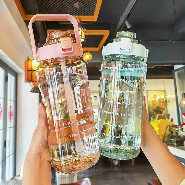 Botella de Agua de 2 L con Pajita, Asa y Marcadores Horarios para Deporte y Oficina