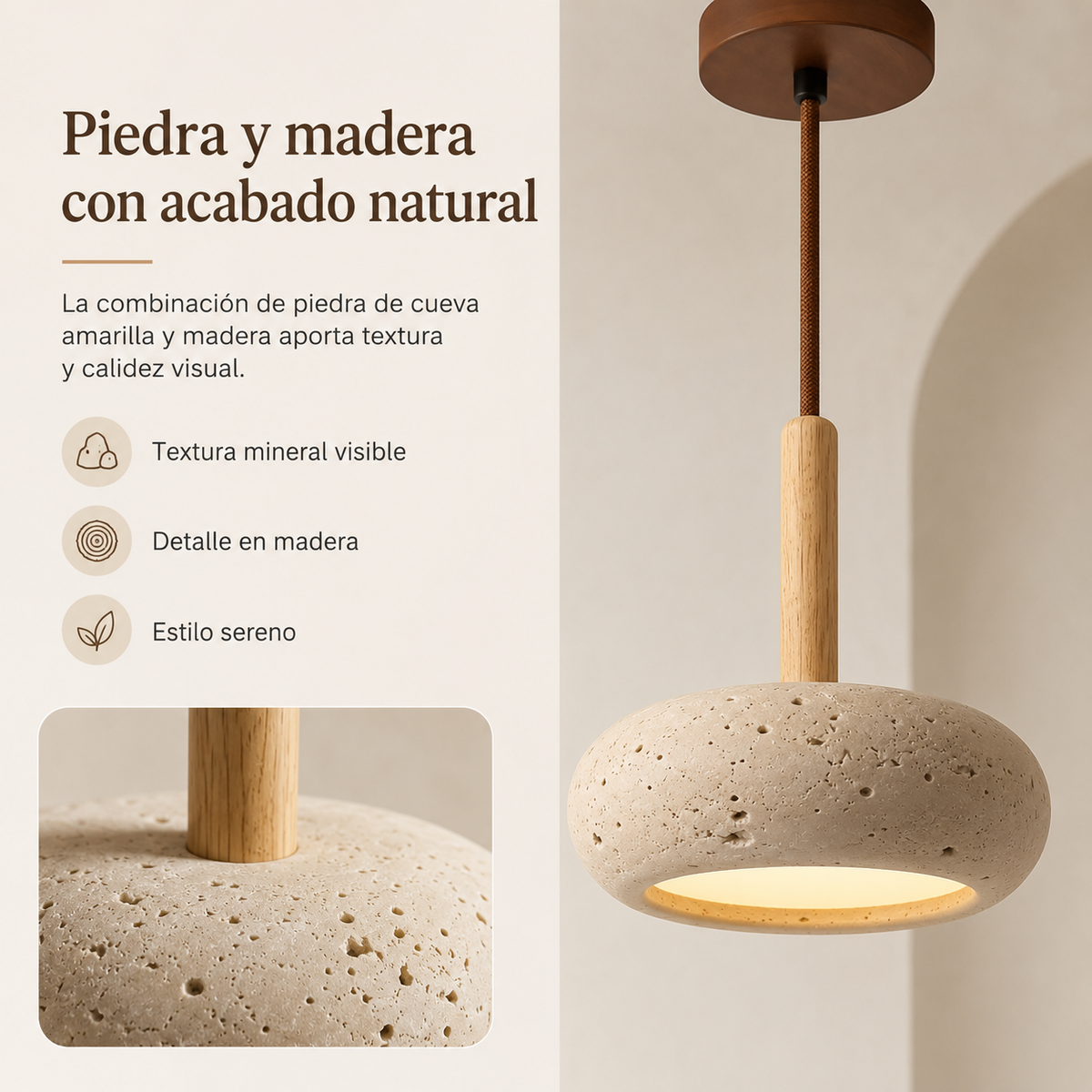 Hangende LED-lamp van steen en hout van 15 cm met verstelbare kabel