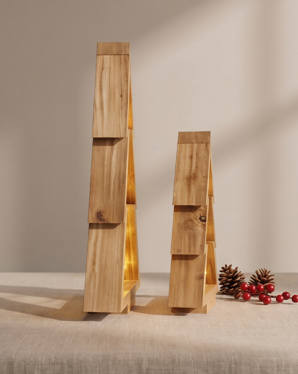 Juego de 2 árboles de Navidad de madera con luces LED