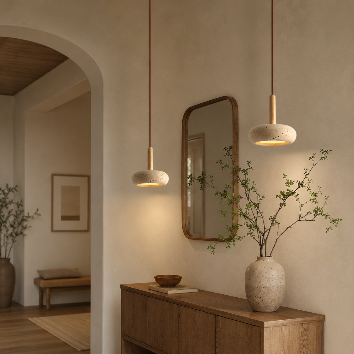 Hangende LED-lamp van steen en hout van 15 cm met verstelbare kabel