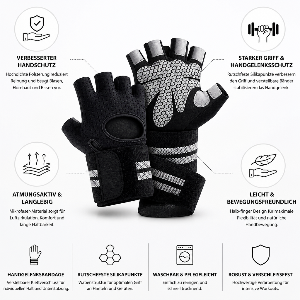 Fitnesshandschoenen met halve vingers, gewatteerde handpalm en polsband