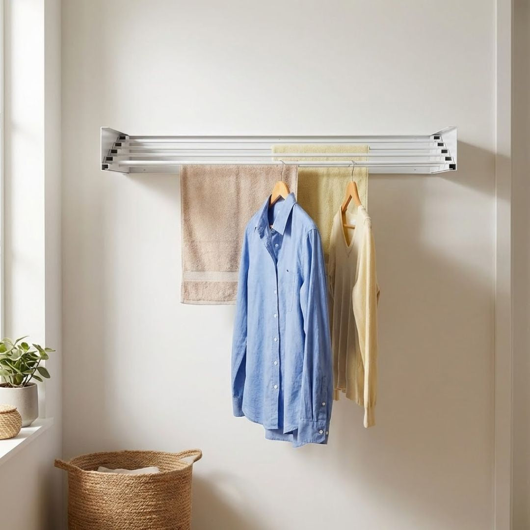 Tendedero de Pared Plegable y Extensible con Barras Retráctiles