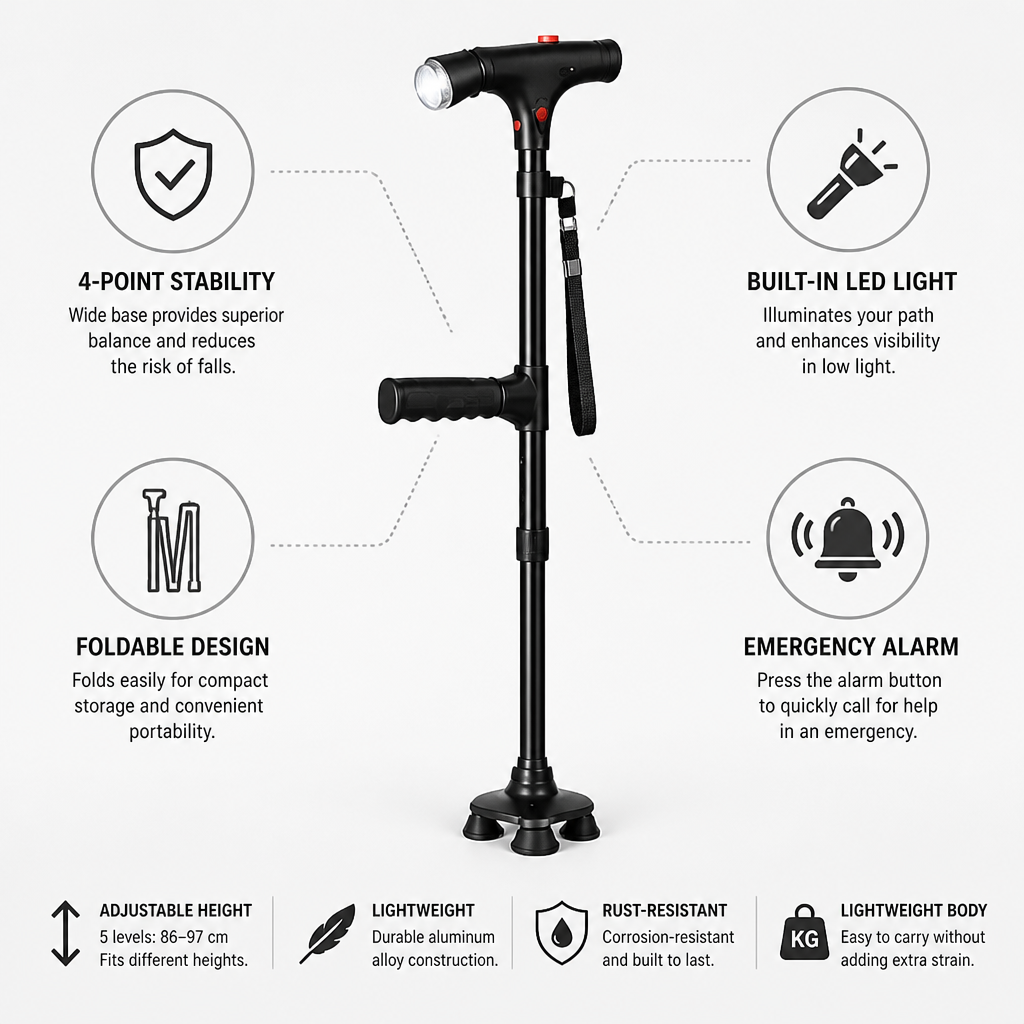 Opvouwbare wandelstok met vier poten, ledlamp en alarmknop