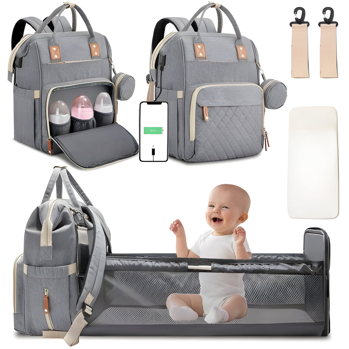 Sac à dos à langer avec poches, poignées et bretelles réglables