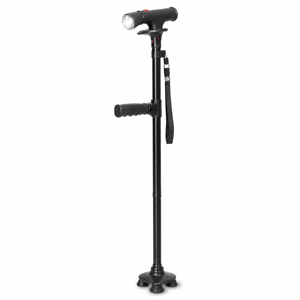 Opvouwbare wandelstok met vier poten, ledlamp en alarmknop