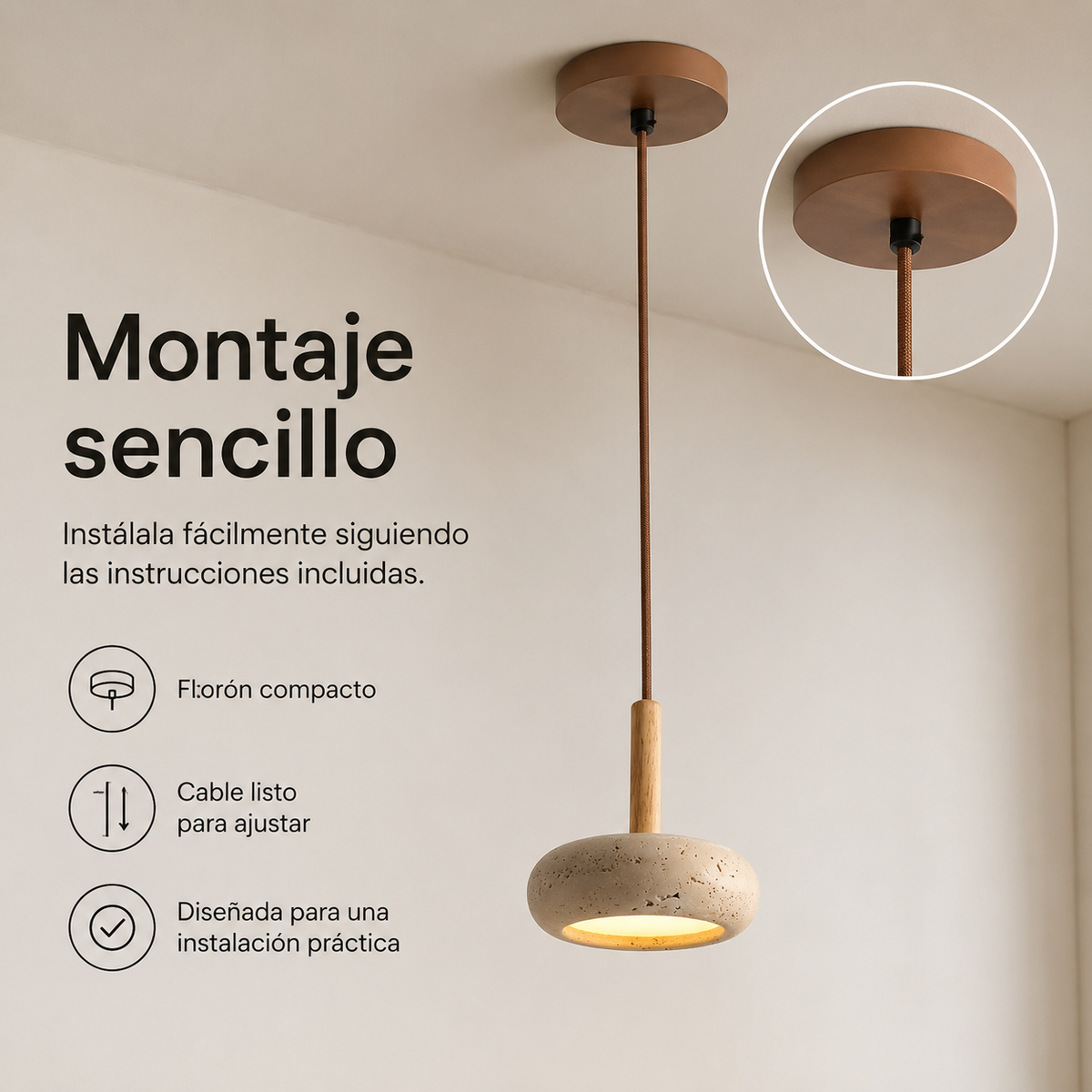Hangende LED-lamp van steen en hout van 15 cm met verstelbare kabel