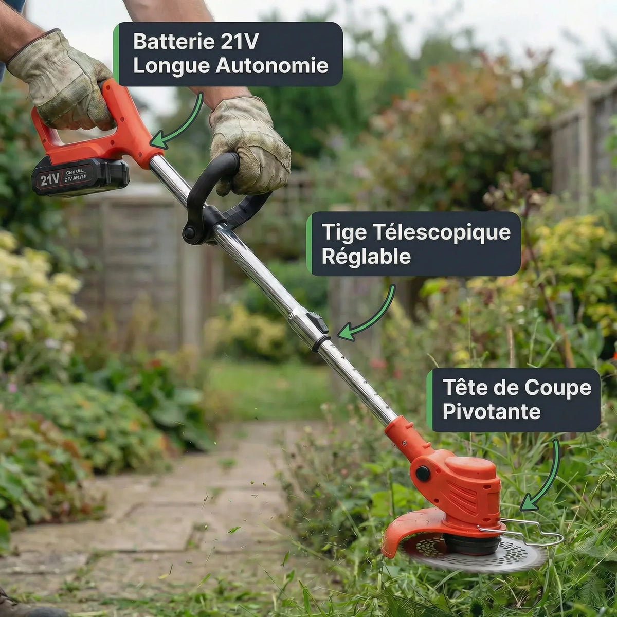 Draadloze telescopische bosmaaier met 3 soorten messen
