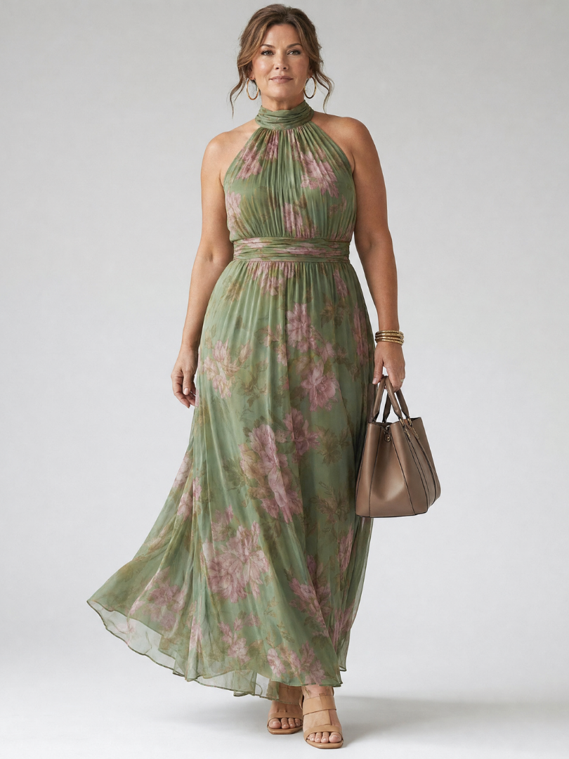 Mirelle | Vestido Midi con Cuello Halter Fruncido