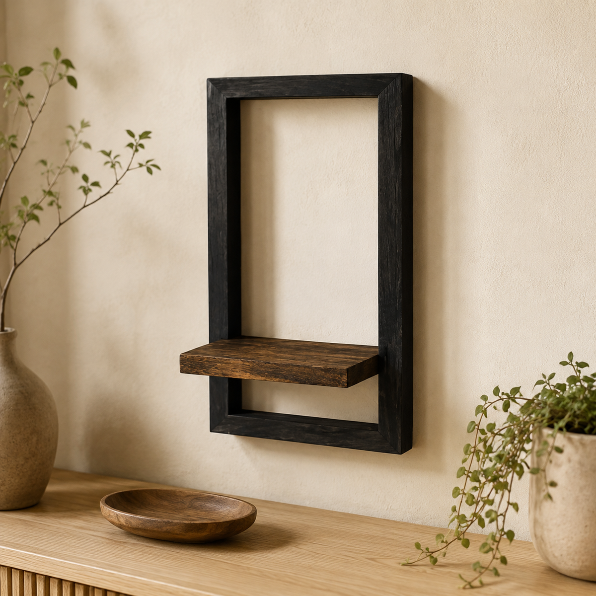 Estante de Pared de Madera de Acacia con Estructura Metálica Industrial