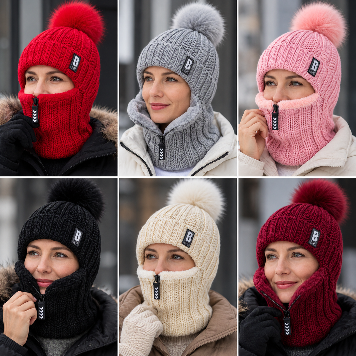 Gorro de punto para mujer con cuello integrado y pompón
