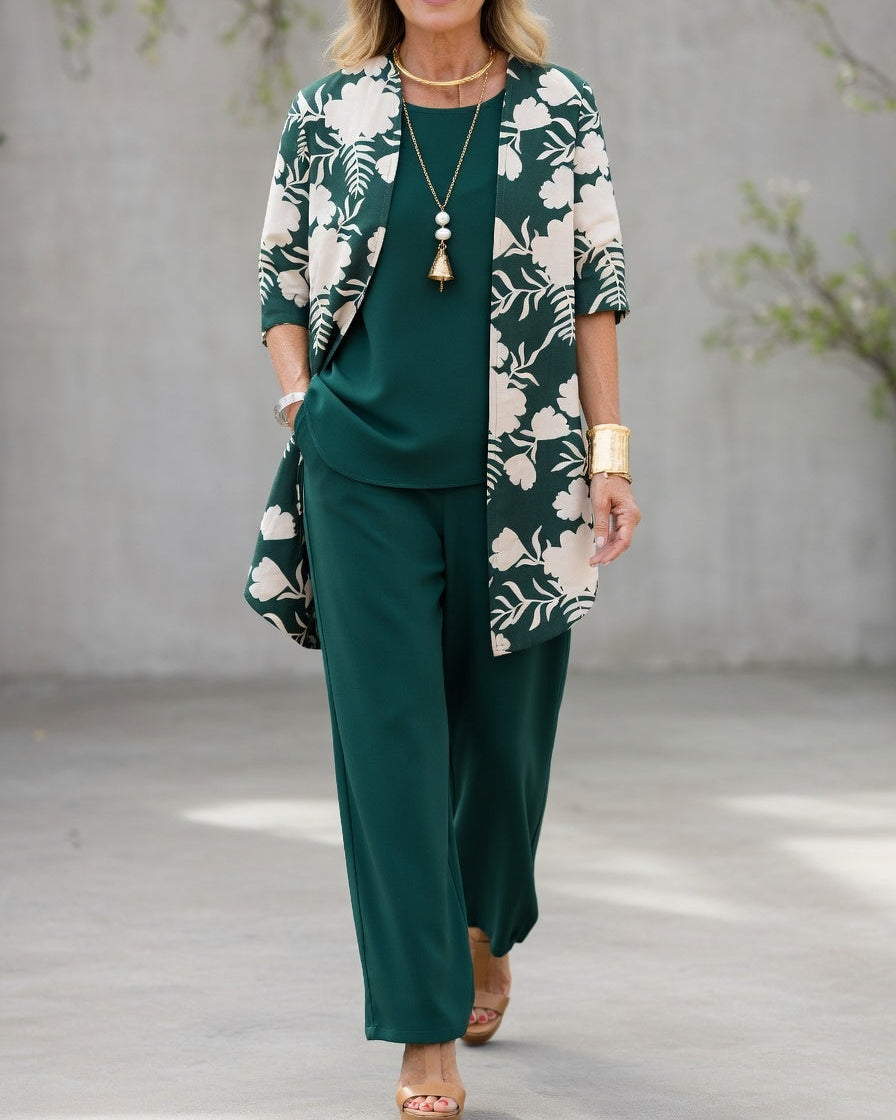 Conjunto de 3 Piezas para Mujer | Pantalón Fluido y Chaqueta Floral
