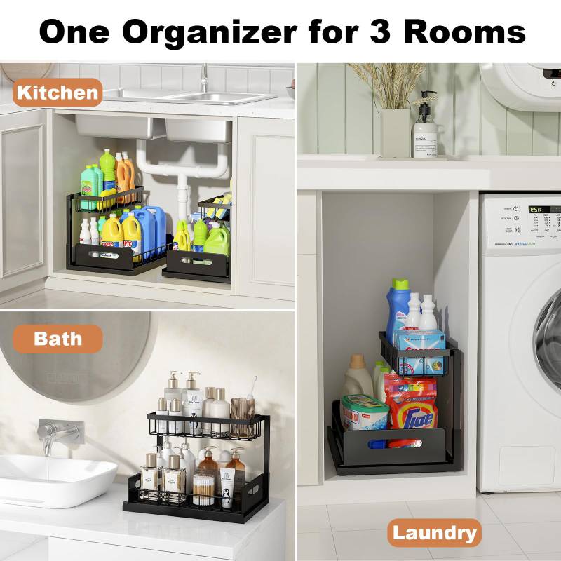 Uitschuifbare organizer onder de gootsteen met 2 niveaus en uitschuifbare lade