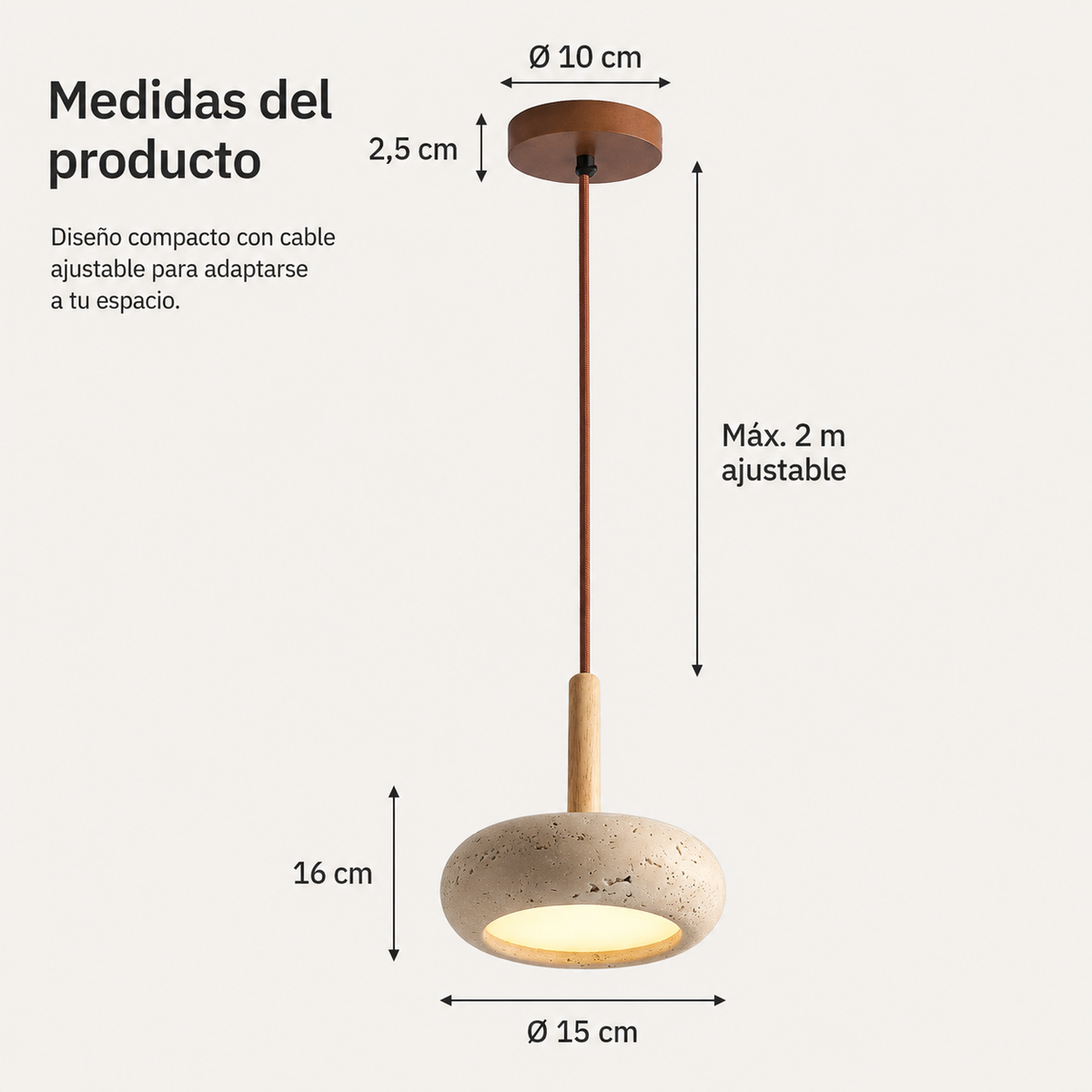 Hangende LED-lamp van steen en hout van 15 cm met verstelbare kabel