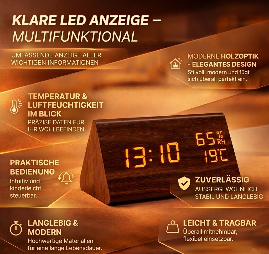 Despertador LED Digital de Madera Moderno con Temperatura
