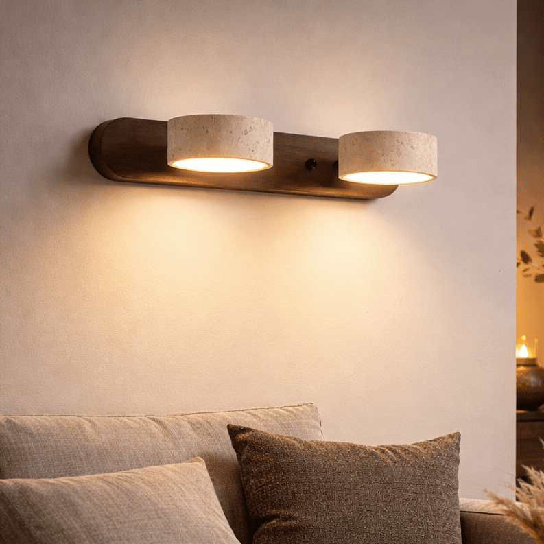 LED-wandlamp van travertijn en hout met 2 tot 4 lampen