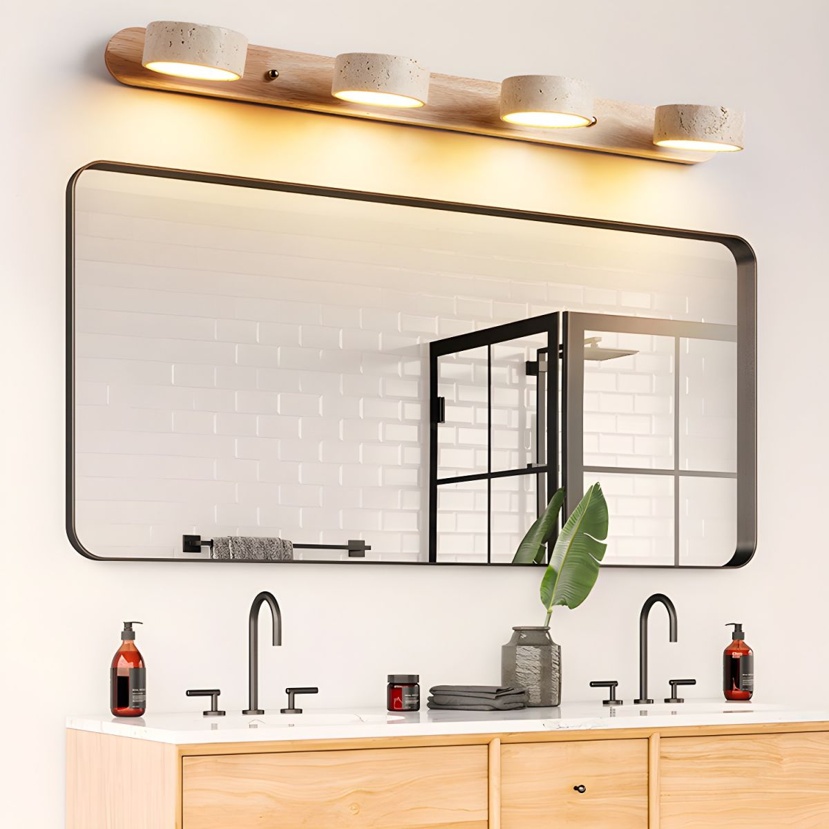 LED-wandlamp van travertijn en hout met 2 tot 4 lampen
