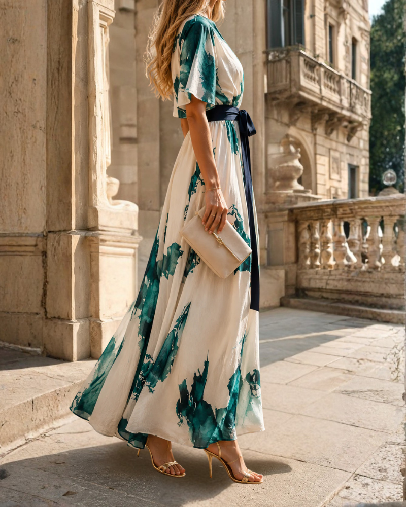 Vestido largo estampado para mujer con escote cruzado y cinturón