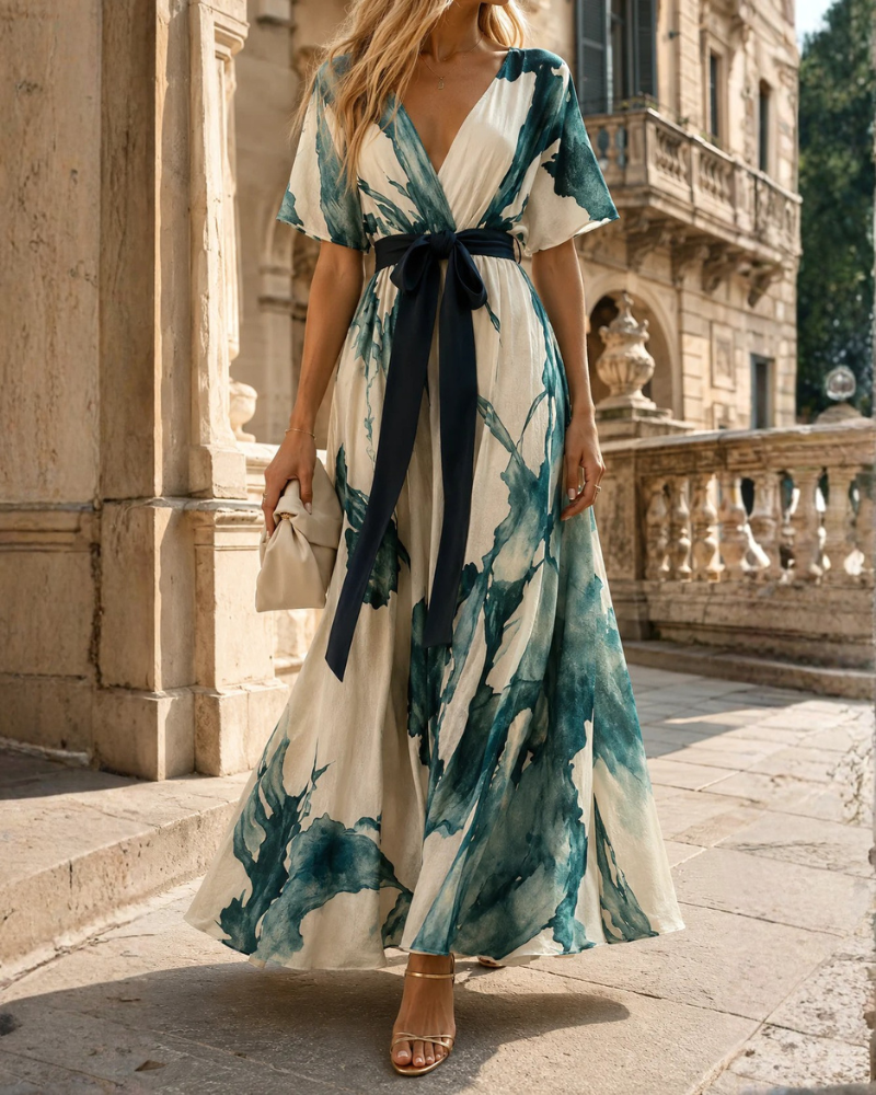 Vestido largo estampado para mujer con escote cruzado y cinturón