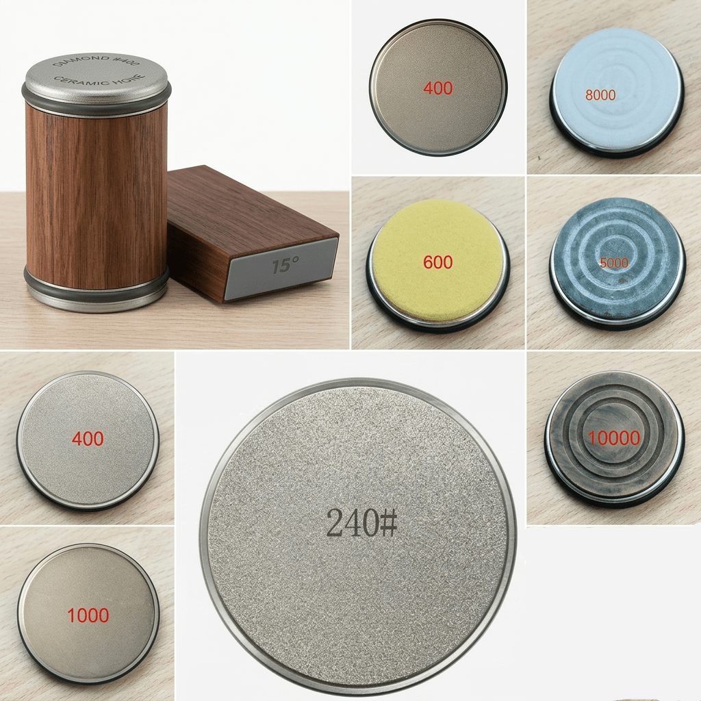 DIASHARP – Juego de afiladores de cuchillos rodantes con afilador de diamante y plataforma de madera