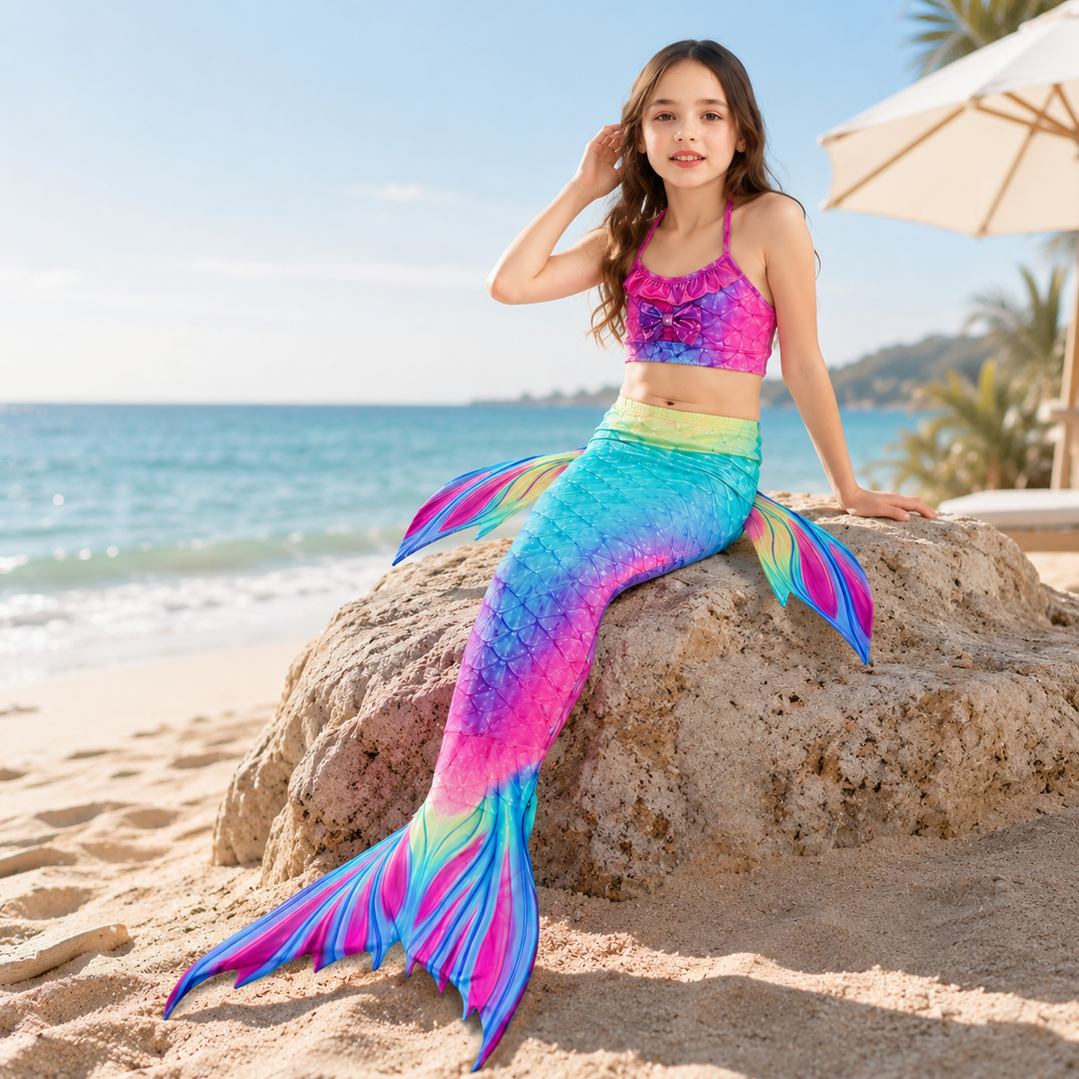 Bañador de Sirena de Tres Piezas para Niña con Cola Desmontable