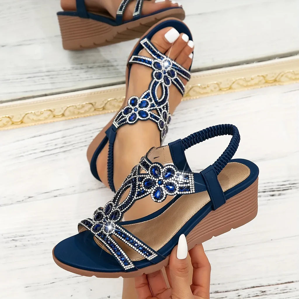Sandalias de Cuña con Strass para Mujer, Correa Elástica en el Talón