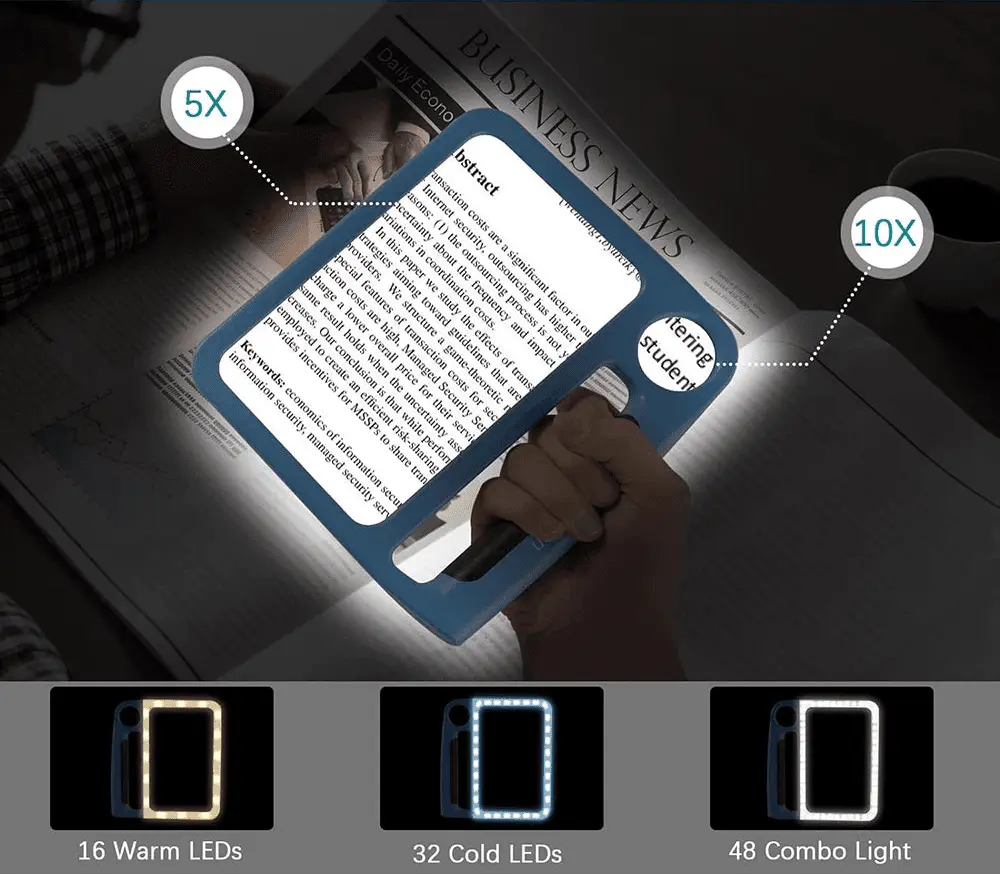 Loupe LED avec éclairage, grossissement 5x et 10x, 48 LED pour une lecture sans effort