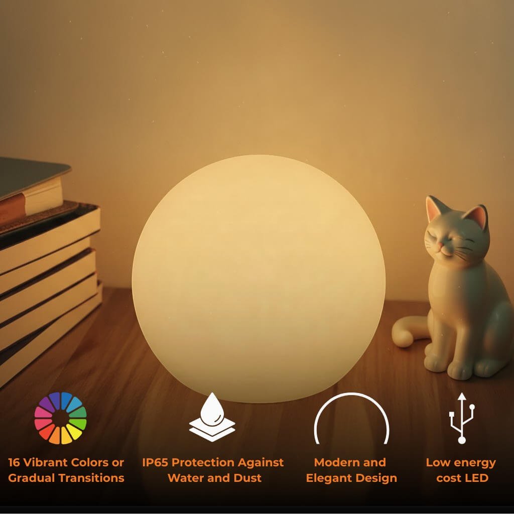 Oplaadbare bolvormige ledlamp met afstandsbediening en gekleurd licht, van 12 tot 25 cm
