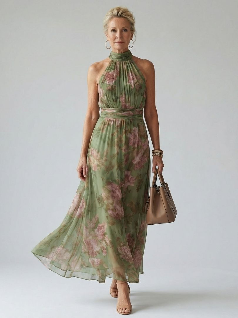 Mirelle | Vestido Midi con Cuello Halter Fruncido