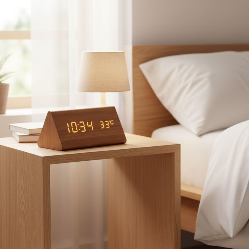 WoodSense Reloj de Madera LED – Controlado por Voz y Estiloso para Cualquier Espacio