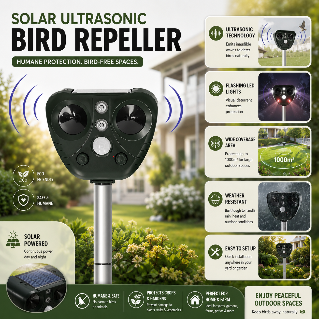 Ahuyentador solar de aves - 5 modos ajustables, doble carga solar y USB
