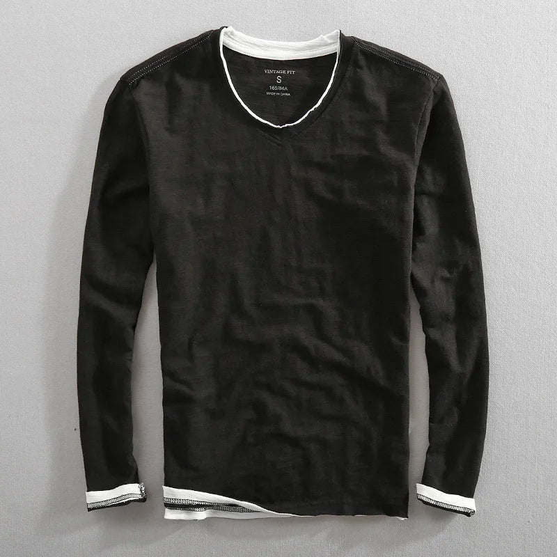 Camiseta de manga larga para hombre con cuello en V y ribetes en contraste