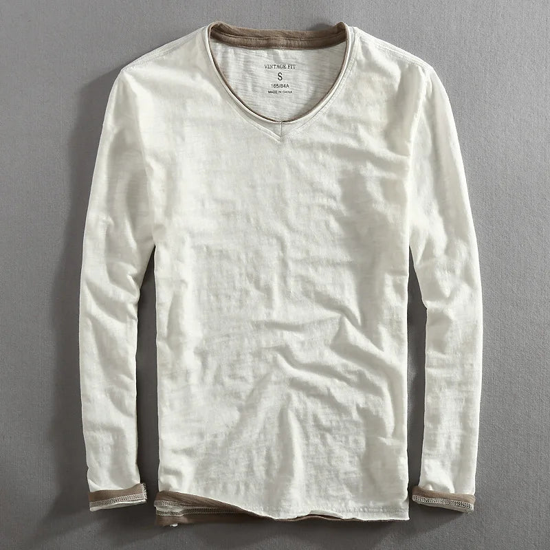 Camiseta de manga larga para hombre con cuello en V y ribetes en contraste