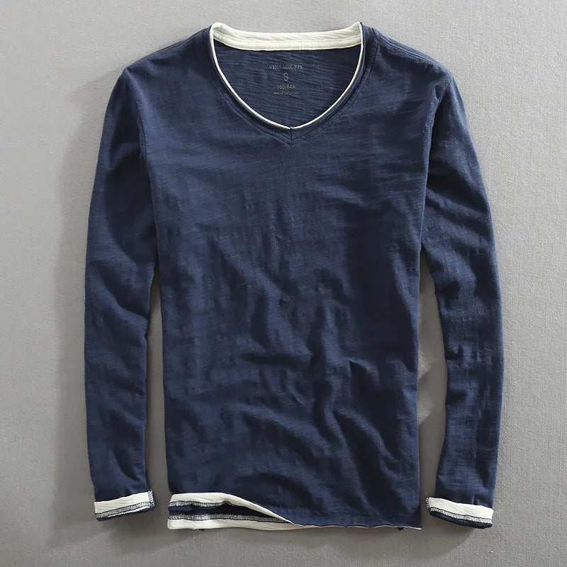 Camiseta de manga larga para hombre con cuello en V y ribetes en contraste