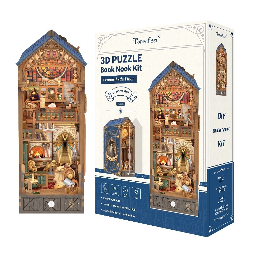 Maquette Book Nook DIY Leonardo da Vinci de 387 pièces avec éclairage LED et capteur