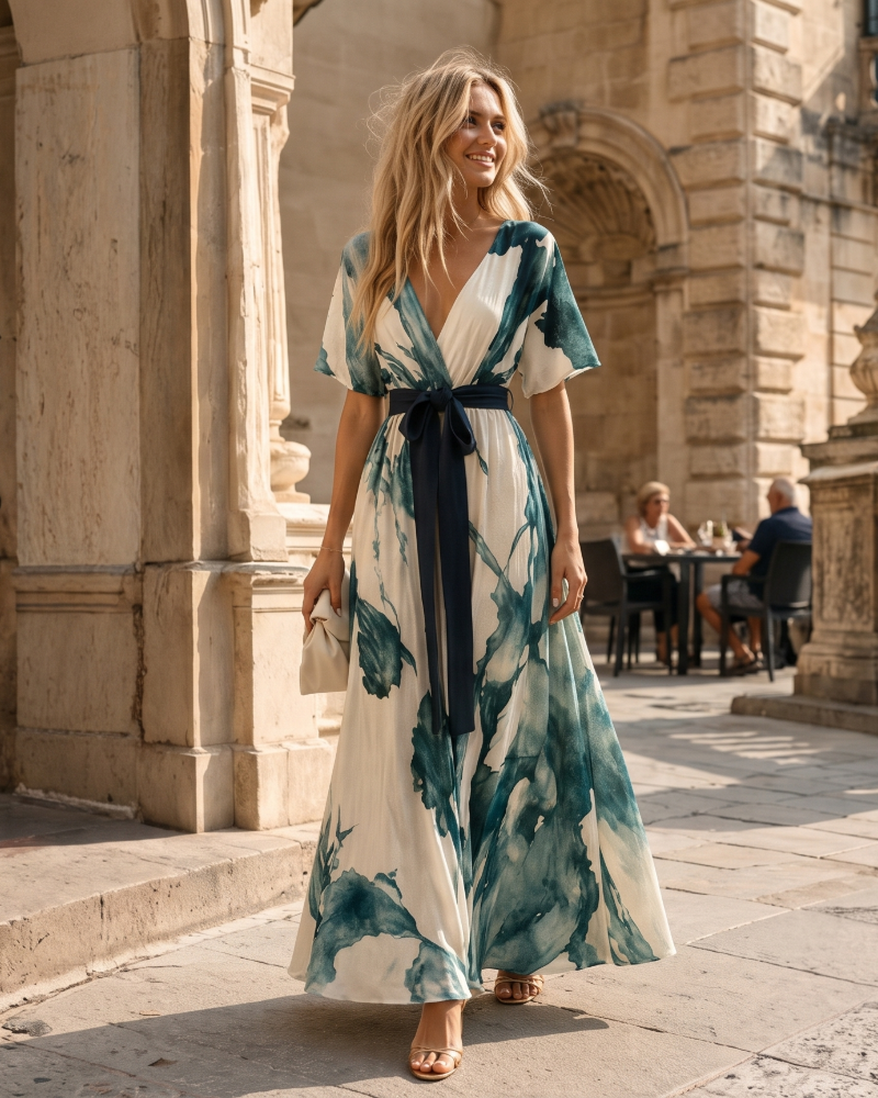 Vestido largo estampado para mujer con escote cruzado y cinturón