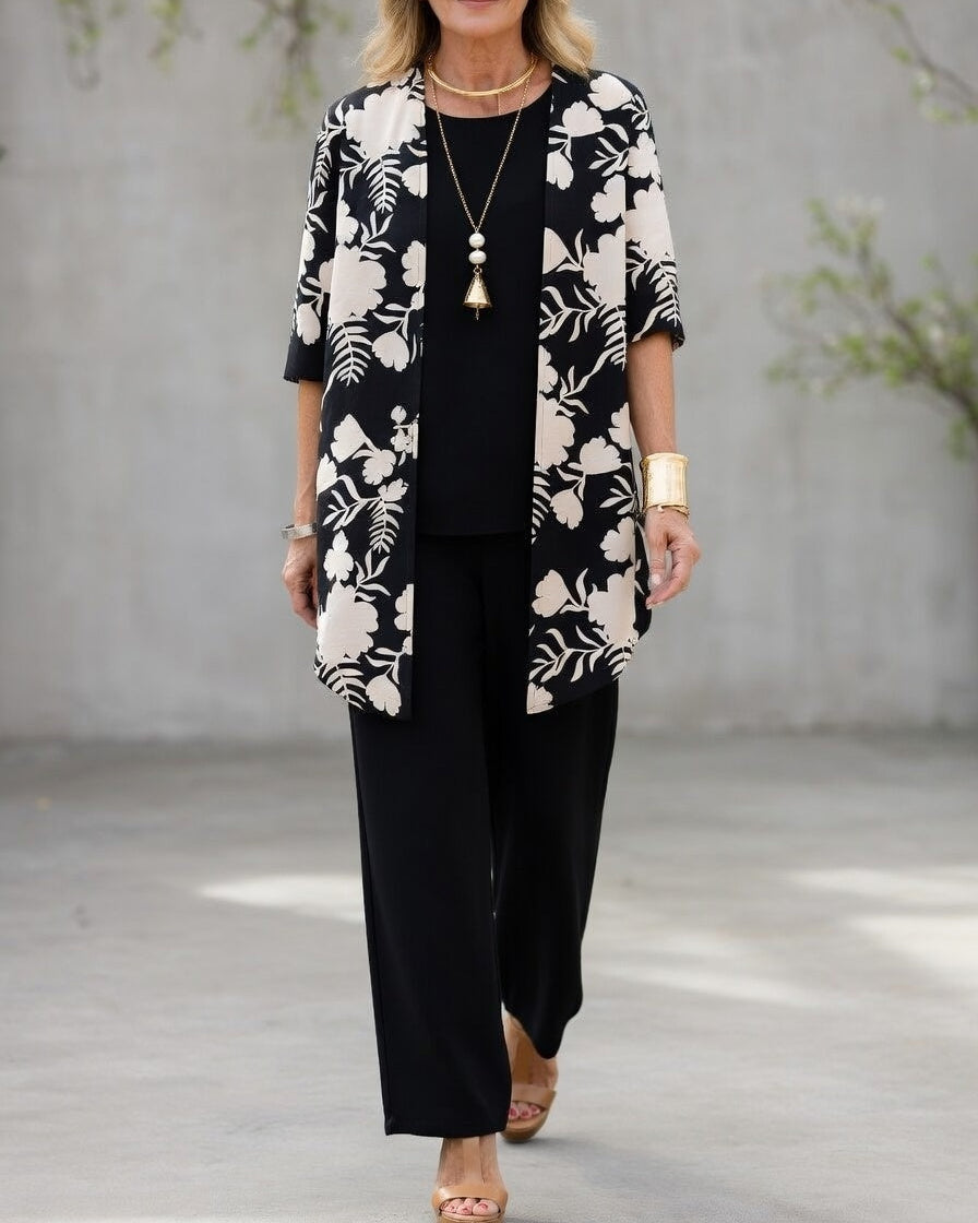 Conjunto de 3 Piezas para Mujer | Pantalón Fluido y Chaqueta Floral