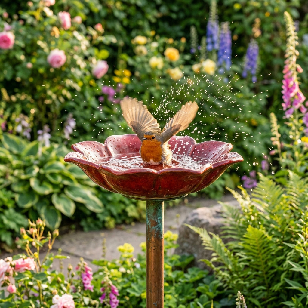Pájaro bañándose en bebedero floral en el jardín