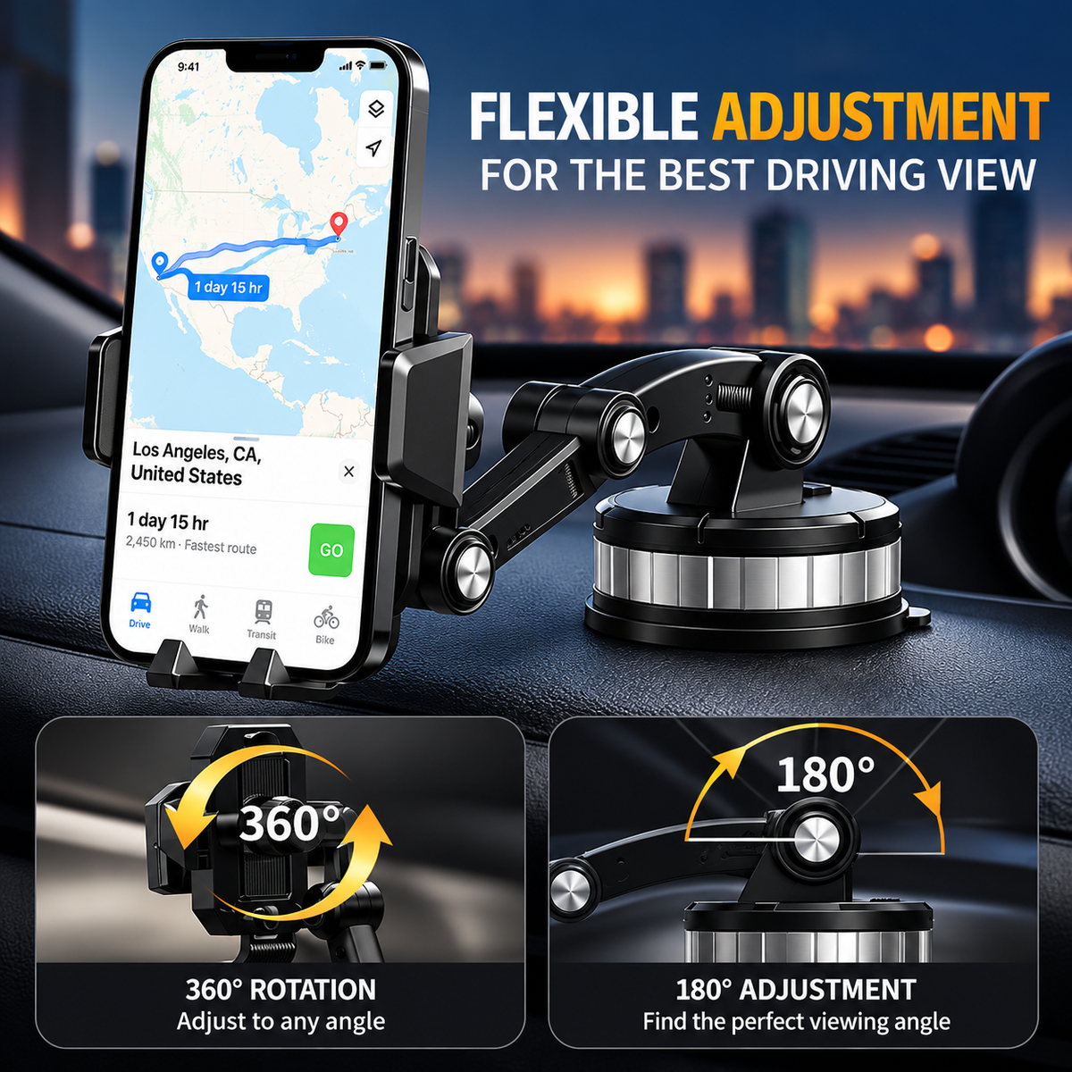 Telefoonhouder voor in de auto met zuignap en 360° verstelbare arm
